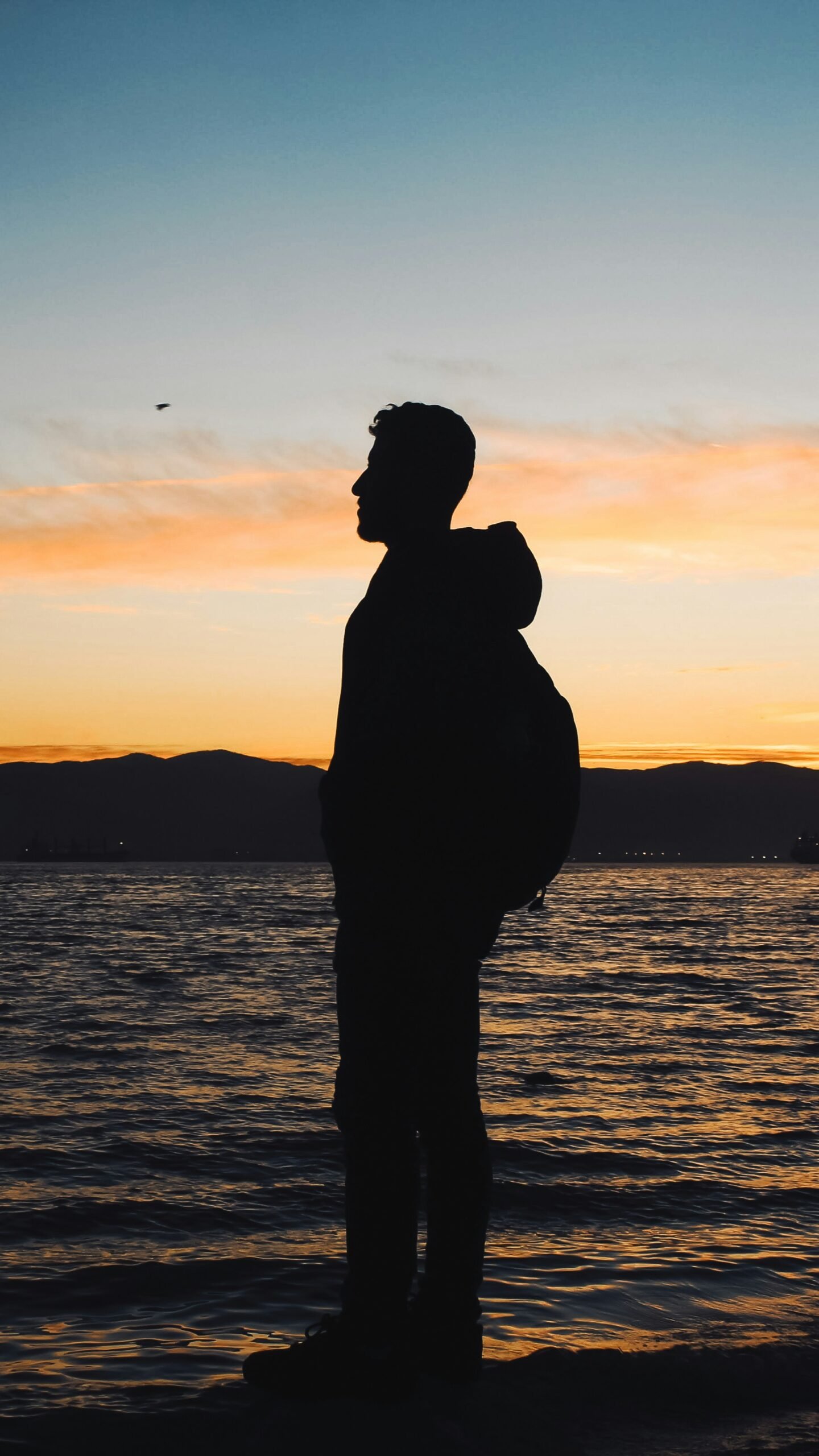 a man standing on a beach at sunset